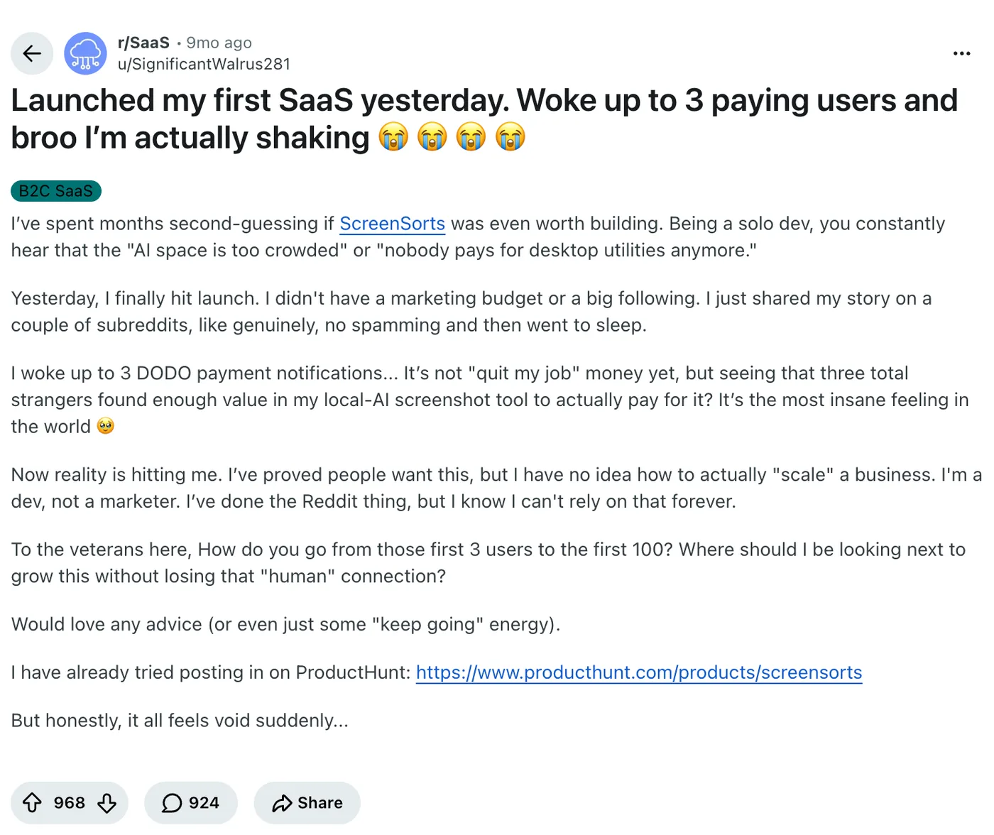 Lansmanın ertesi günü 3 ödeme yapan kullanıcıyı anlatan r/SaaS paylaşımı